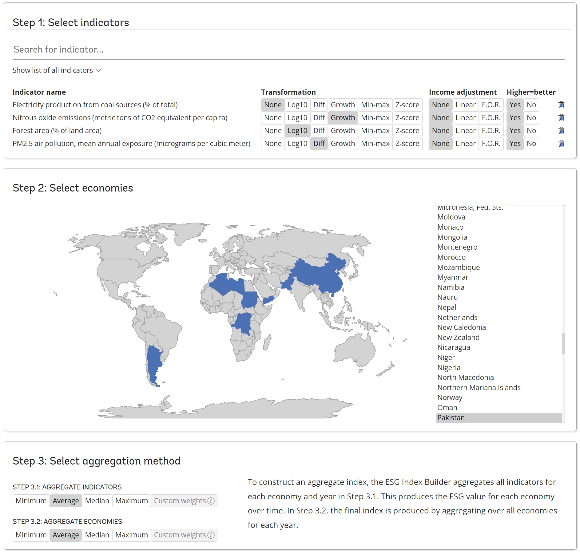Snapshot of the score builder page that shows the three steps of building custom ESG scores.